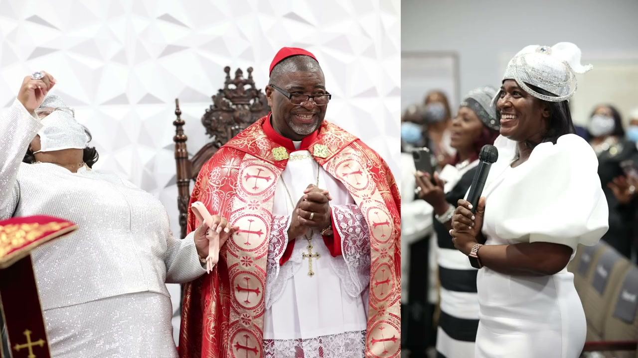 A bishop in scarlet vestments during a consecration service