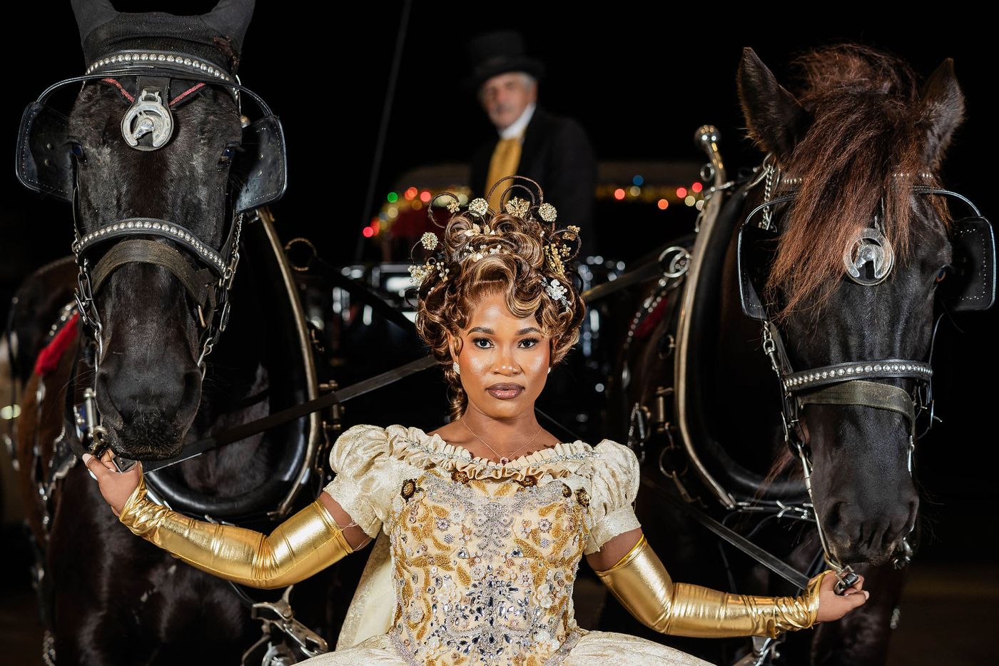 Two black horses and their carriage at the entrance of a Regency ball