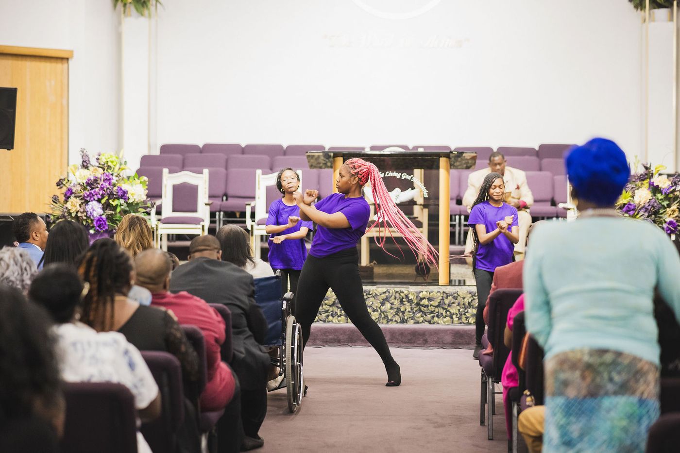 A praise dance performed at the front of the sanctuary during an anniversary service
