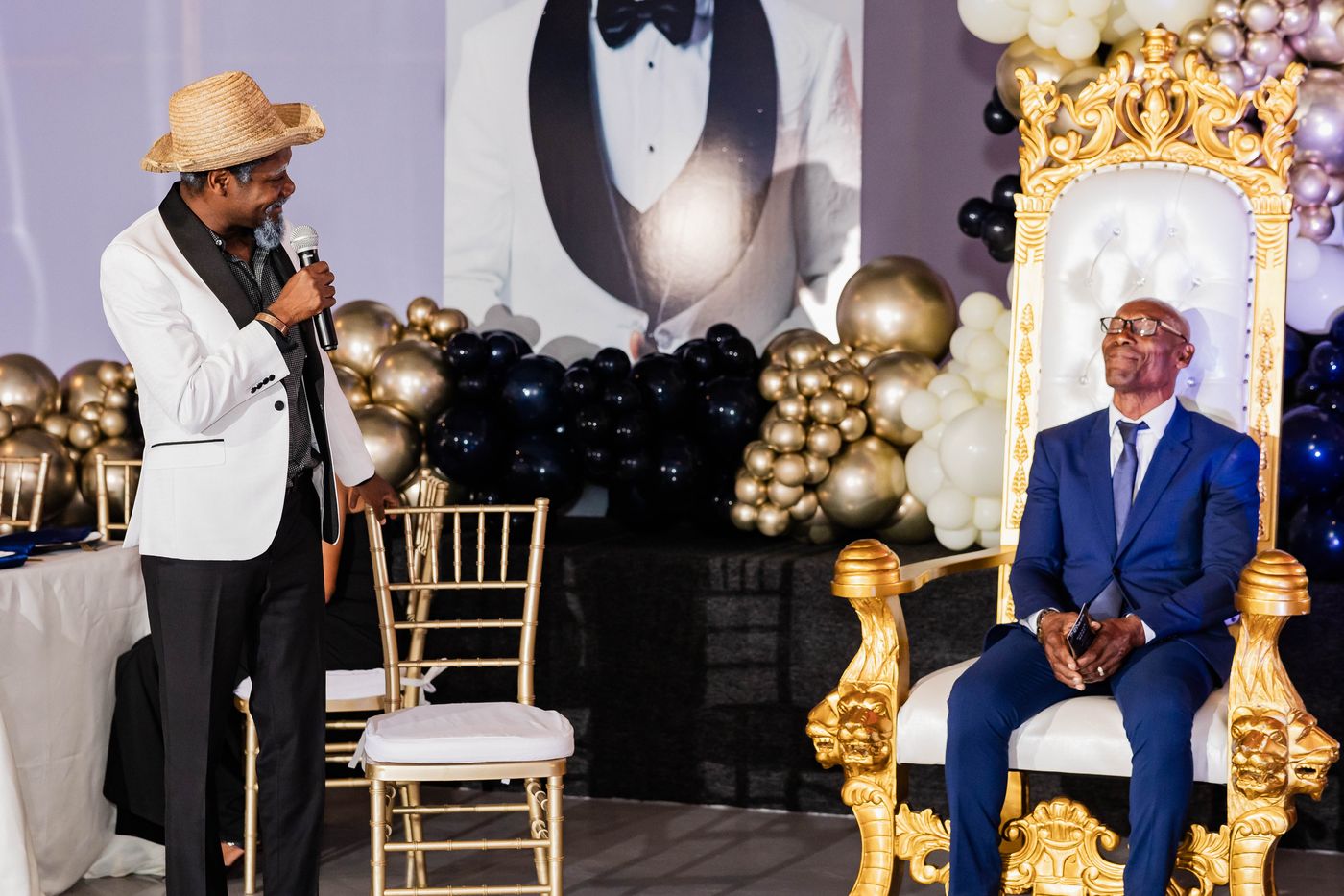The host on the floor of a 70th birthday celebration