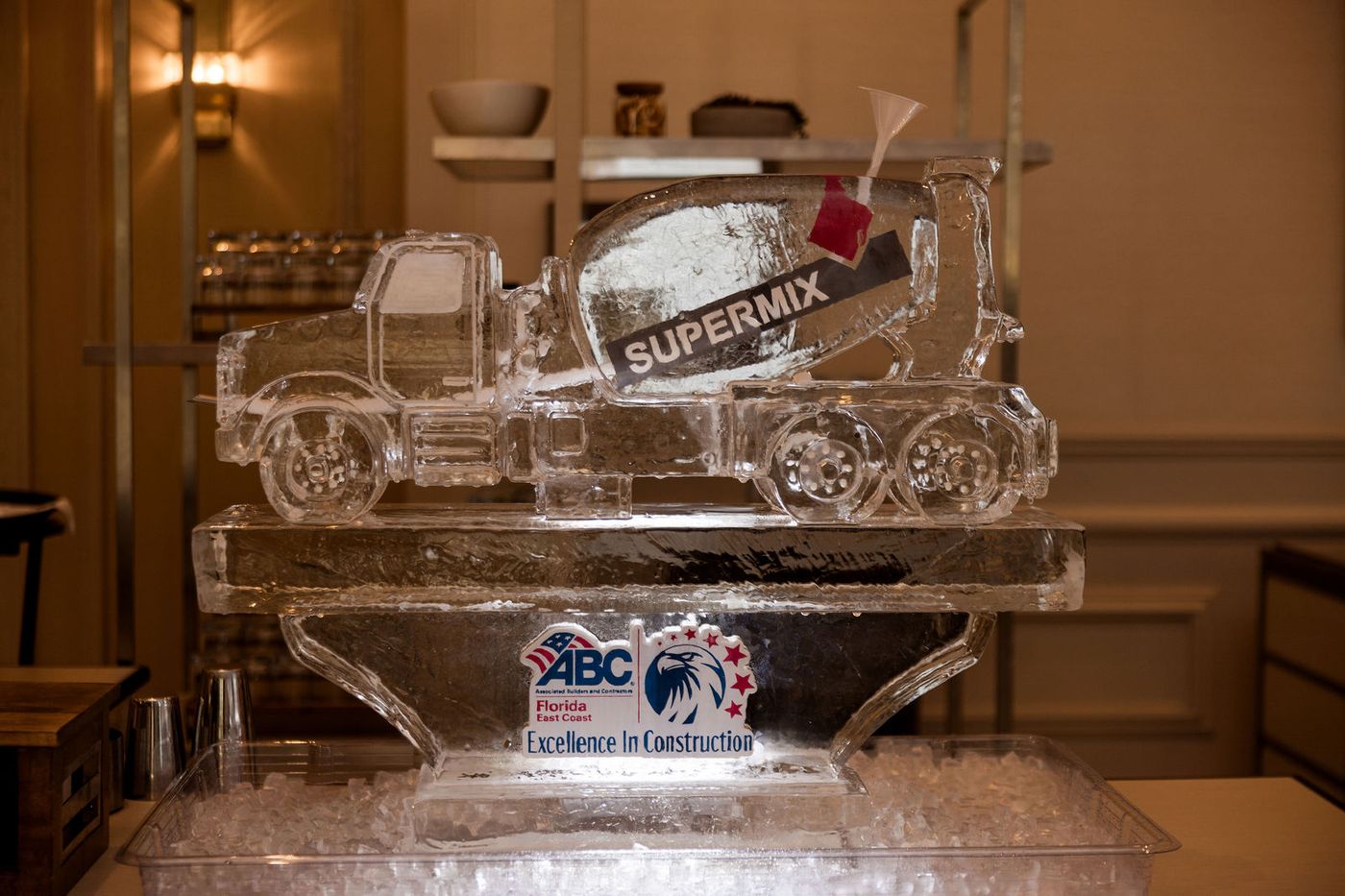 An ice sculpture of a cement mixer carved for a construction industry awards banquet