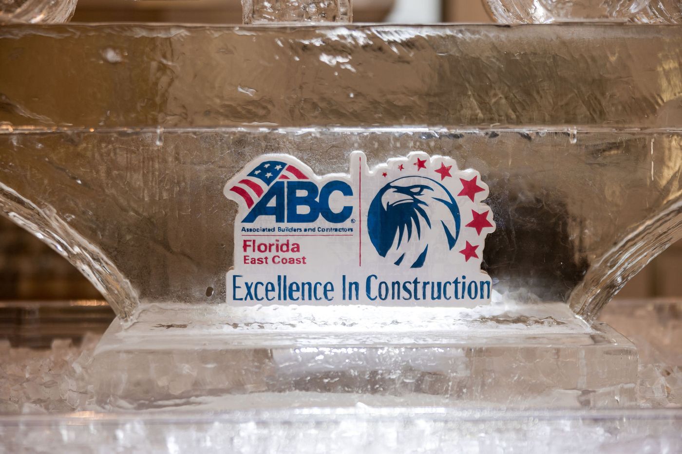 An association logo carved into a block of ice at an awards banquet reception