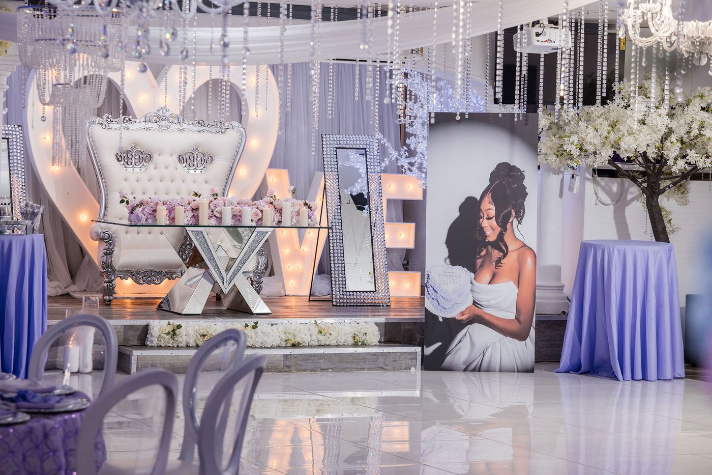 Guests seated at a lavender and silver sweet sixteen celebration